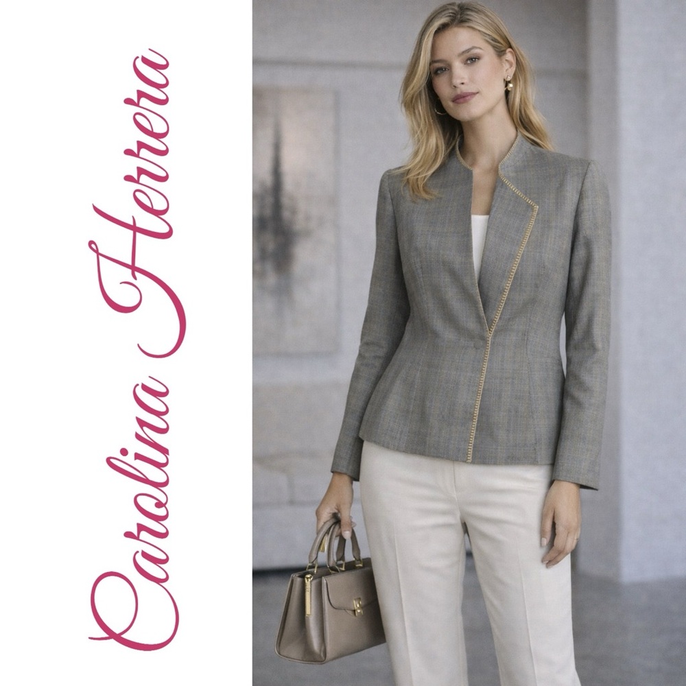 CAROLINA HERRERA Asym‎ Wool Blazer Jacket Gray Plaid Quiet Luxury Size 10 Italy